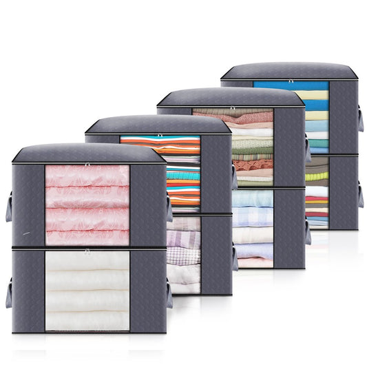 Clothes Storage Blanket Storage 90L, 6/8Pcs Storage Bags for Clothes, 3 Layer Fabric Foldable Closet Organizer and Storage Bag for Blankets Beddings Pillows and Comforters, Reinforced Handle, Gray