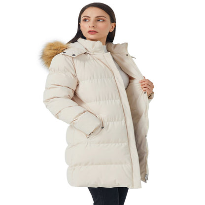 WenVen Women's Winter Puffer Coat Warm Waterproof Coat Hooded Winter Jacket Beige L