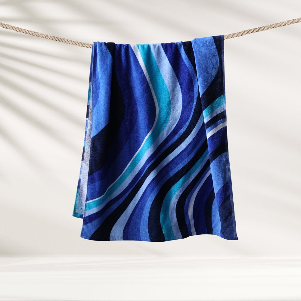 Mainstays Velour Beach Towel, Blue Wavy, Multi-Color , 28X60