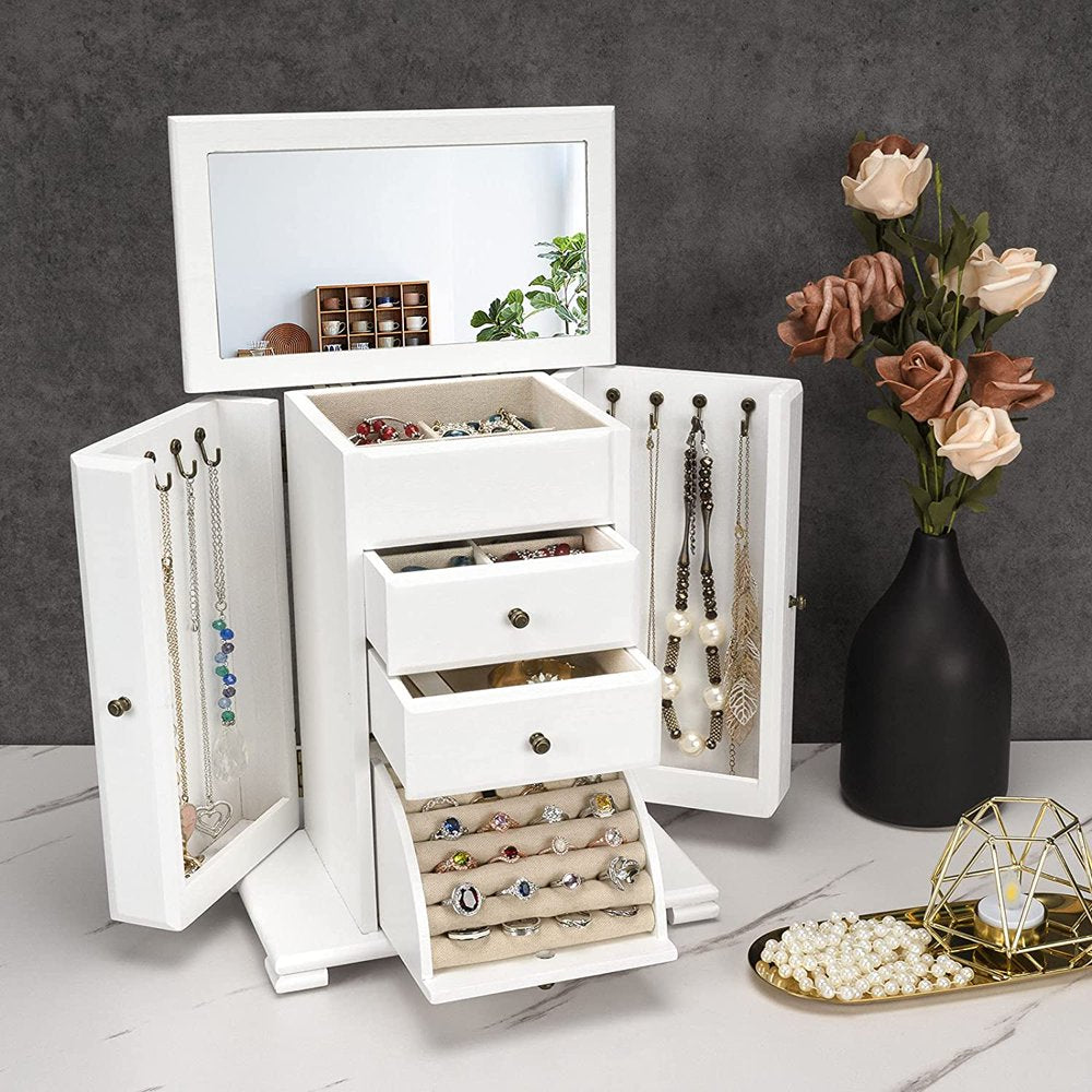 Sfugno Jewelry Box for Women, Rustic Wooden Jewelry Boxes & Organizers with Mirror, 4 Layer Jewelry Organizer Box Display for Rings Earrings Necklaces Bracelets