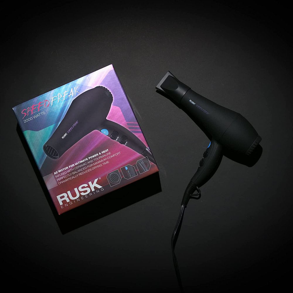 RUSK Speed Freak Professional Ceramic & Tourmaline Hair Dryer, Ionic, 2000 Watts, Black