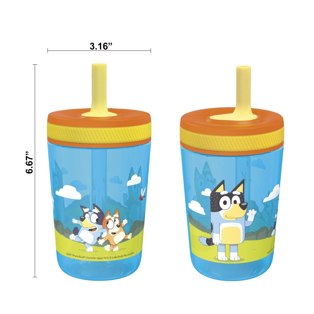 Zak Designs 15 oz Travel Straw Tumbler Plastic and Silicone with Leak-Proof Valve for Kids, 2-Pack Bluey