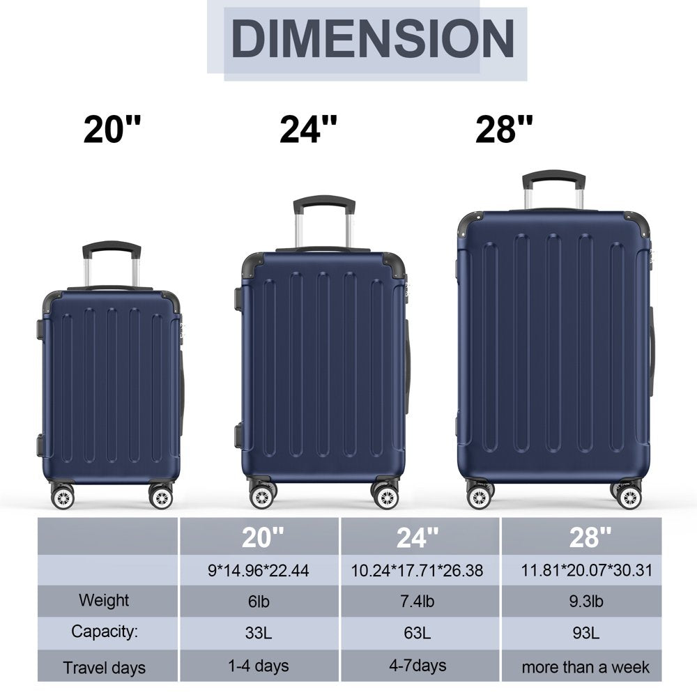 Sunbee 3 Piece Luggage Sets Hardshell Lightweight Suitcase with TSA Lock Spinner Wheels, Deep Blue