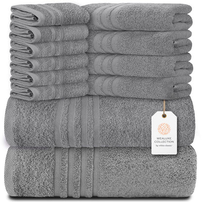 White Classic 12 Piece Bath Towel Set for Bathroom - Wealuxe Collection 2 Bath Towels, 4 Hand Towels, 6 Washcloths 100% Cotton Soft and Plush Highly Absorbent, Soft Towel for Hotel & Spa - Black