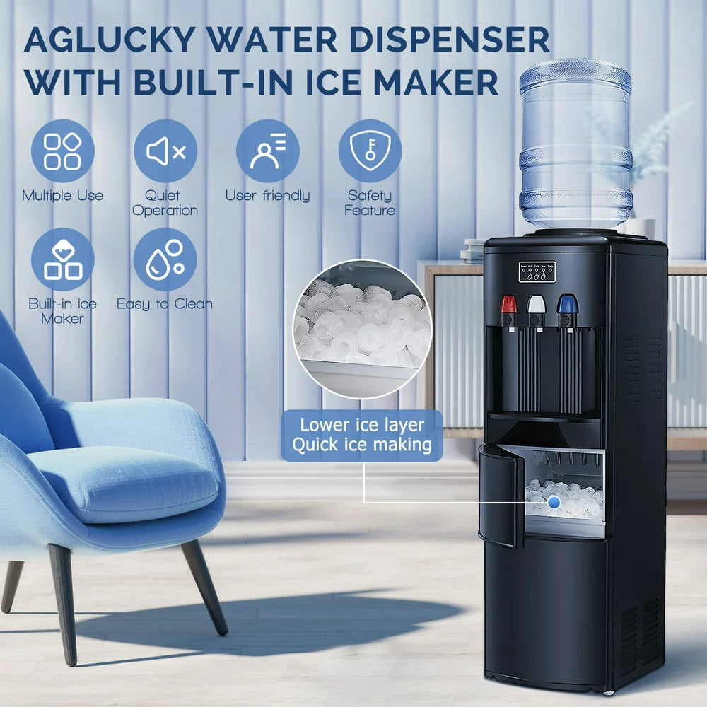 AGLUCKY 3-In-1 Water Cooler Dispenser with Built-In Ice Maker, Top Loading Water Coolers with 3 Temperature Settings, 5 Gallon Bottle, Child Lock, 27Lbs/24H Ice Maker Machine-Black