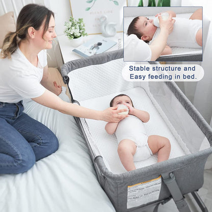 e Unisex Infant Flat Bedside Sleeper Bassinet with Wheels and Floding Frame for 0-9 Months Baby (Grey)