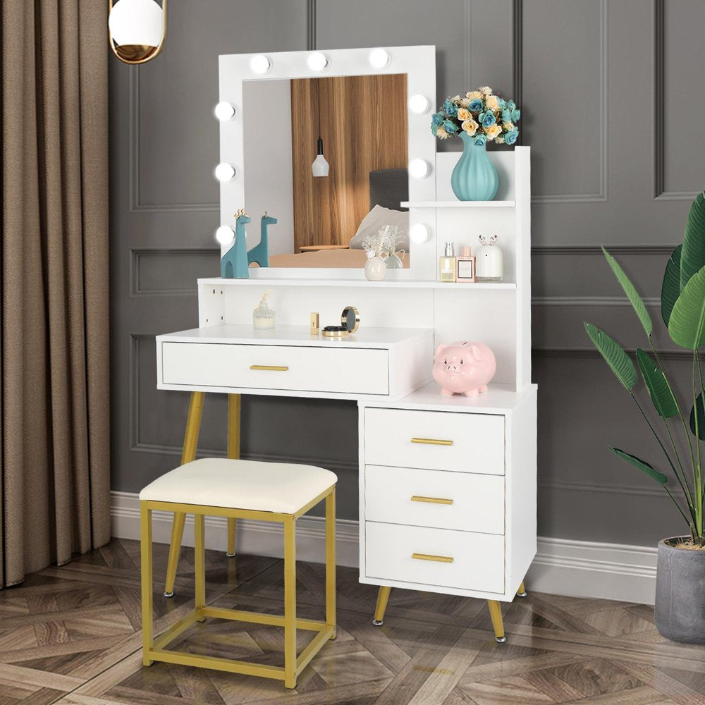 Ktaxon Vanity Table Set with Lighted Mirror, Makeup Table with 4 Drawers, Dressing Vanity Tables, Dresser Desk for Girls, Women, White