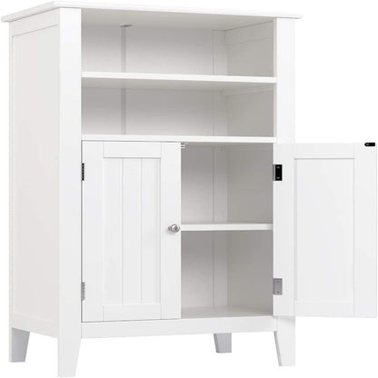 2 Tier Shelves Bathroom Storage Cabinet, Wood Storage Floor Cabinet with 2 Doors, White