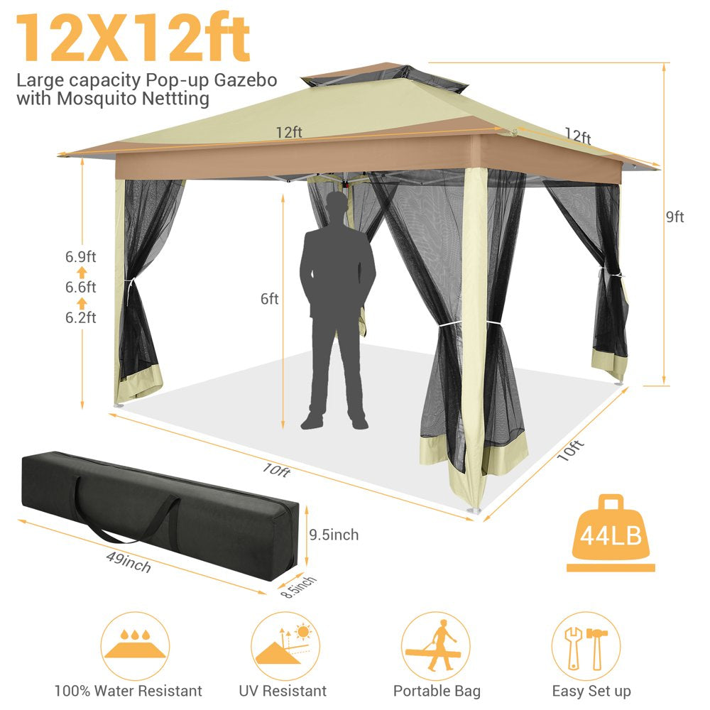 SANOPY 12x12FT Outdoor Gazebo Pop Up Gazebo with Mosquito Netting, Instant Patio Canopy Tent for Shade and Rain, 2 Tiered Vente Gazebo Canopy UPF 50+ for Garden Backyard with Carry Bag&4 Sandbags