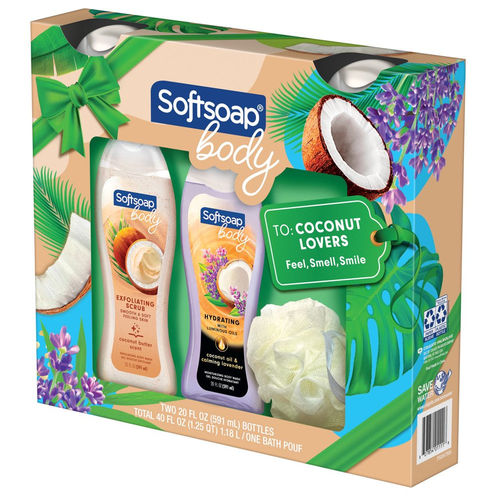 Softsoap Body Wash Coconut Lovers Gift Set, 2- 20 oz Bottles + Pouf