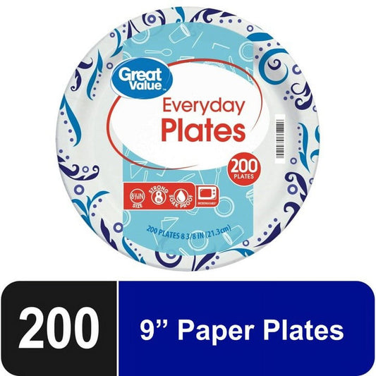 Great Value Everyday Strong, Soak Proof, Microwave Safe, Disposable Paper Plates, 9", Patterned, 200 Count