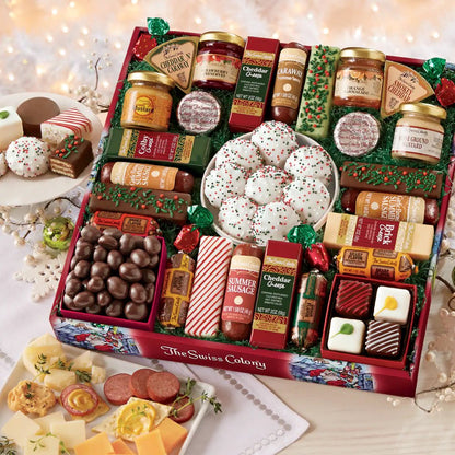 The Swiss Colony 27 Favorites Food Gift Box - Assorted Cheeses, Chocolates, Candies, Petits Fours, and Summer Sausage Meats - Holiday Red Box