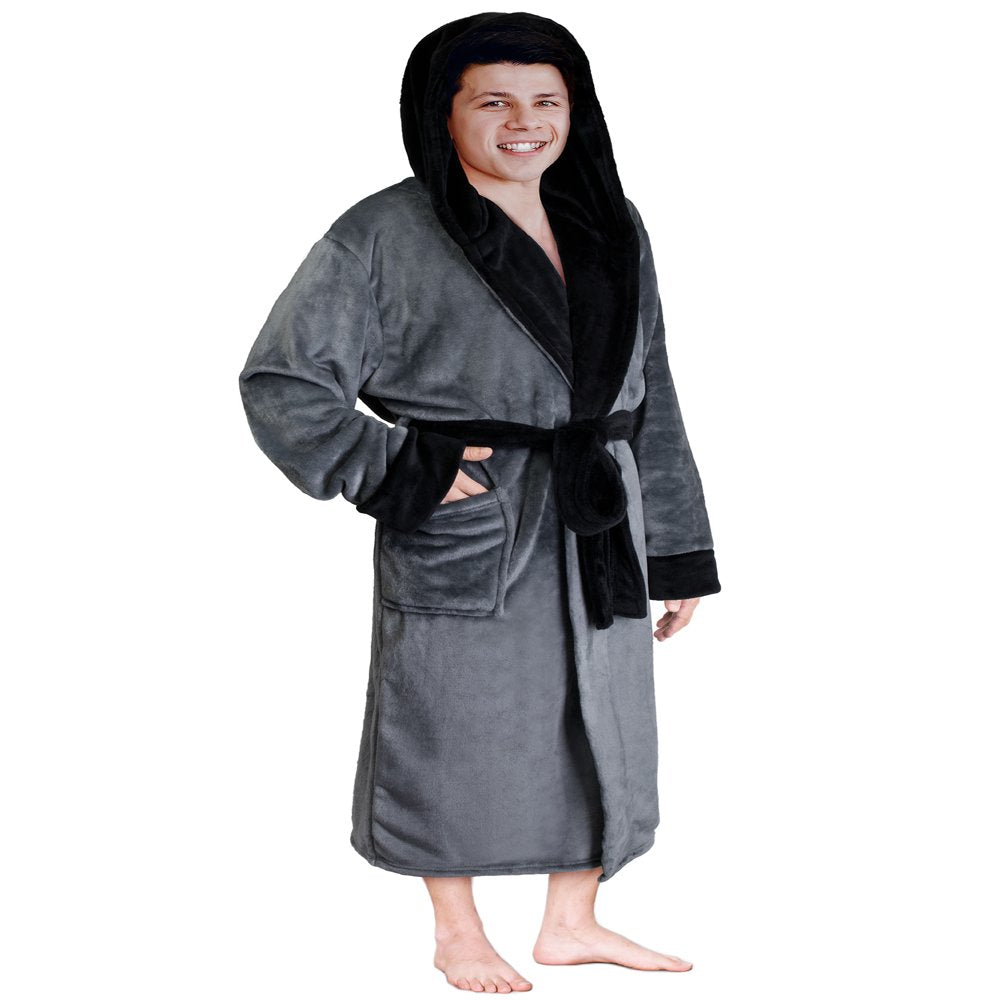 PAVILIA Mens Robe, Hooded Soft Robe for Men, Warm Bathrobe with Hood for Bath Shower Spa with Shawl Collar, Pockets, Satin Trim, Plush Fleece - Black