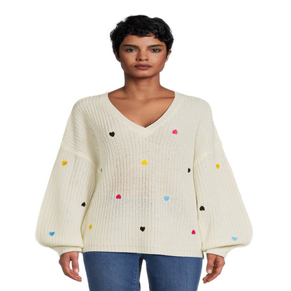 What's Next Women's Plus Size V-Neck Pullover with Heart Embroidery