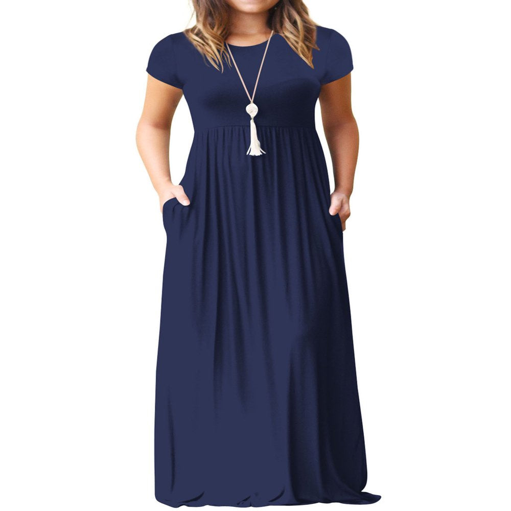 Mengpipi Women's Maxi Dresses Short Sleeve Long Casual Dresses Loose Plain with Pockets, Navy Blue-L(US 12-14)