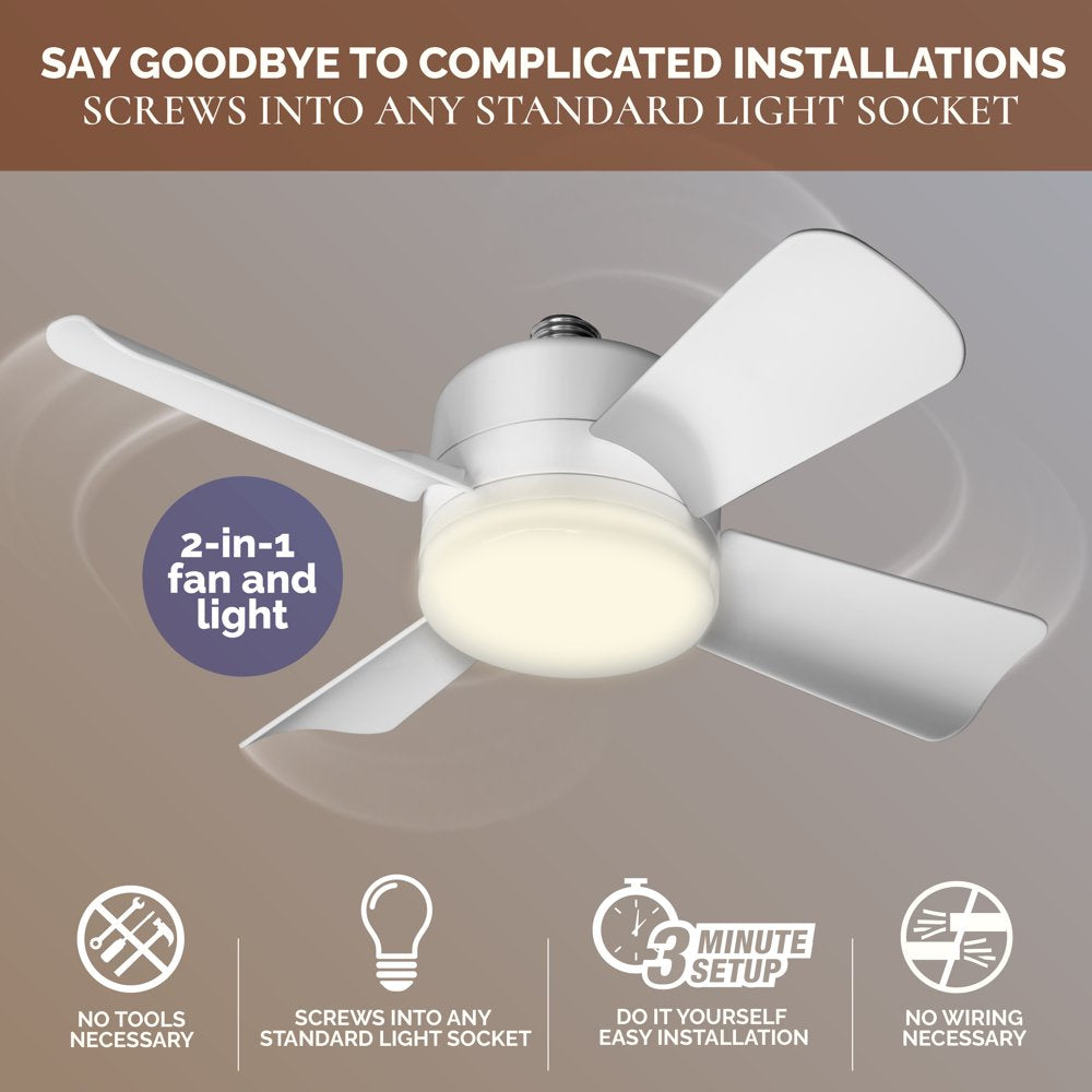 Bell and Howell Socket Ceiling Ceiling Fan with White Finish, Light Adjustable Ceiling Light 1000 Lumens, 4 Blades