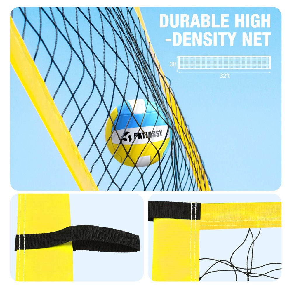 Patiassy 32ft Outdoor Portable Volleyball Net Set System - Quick & Easy Setup Adjustable Height Steel Poles, PU Volleyball with Pump and Carrying Bag for Beach Backyard