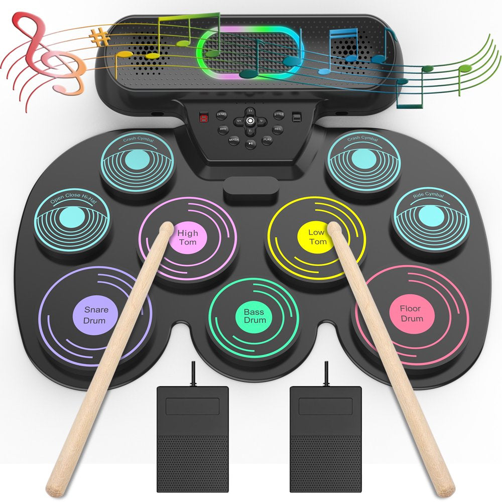 Dammyty Upgrade 9 Pads Kids Adults Electronic Drum Sets Kit with Headphone Jack and Dual Bluetooth Speaker Wireless Connection for Christmas Birthday Gift