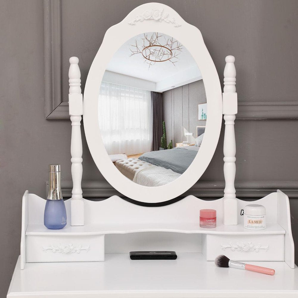 Ktaxon Elegance White Dressing Table Vanity Table and Stool Set Wood Makeup Desk with 4 Drawers & Mirror