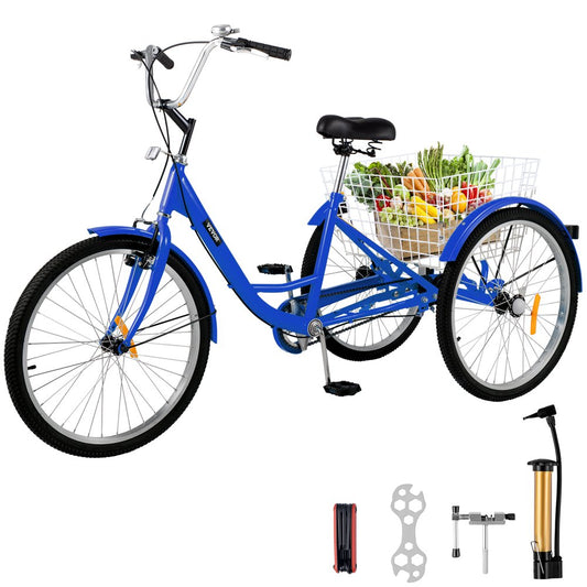 VEVOR Adult Tricycle 24",1-Speed 3 Wheel Bike Seat Adjustable Trike with Bell Brake System and Basket Cruiser Bicycles Large Size for Shopping( Blue)