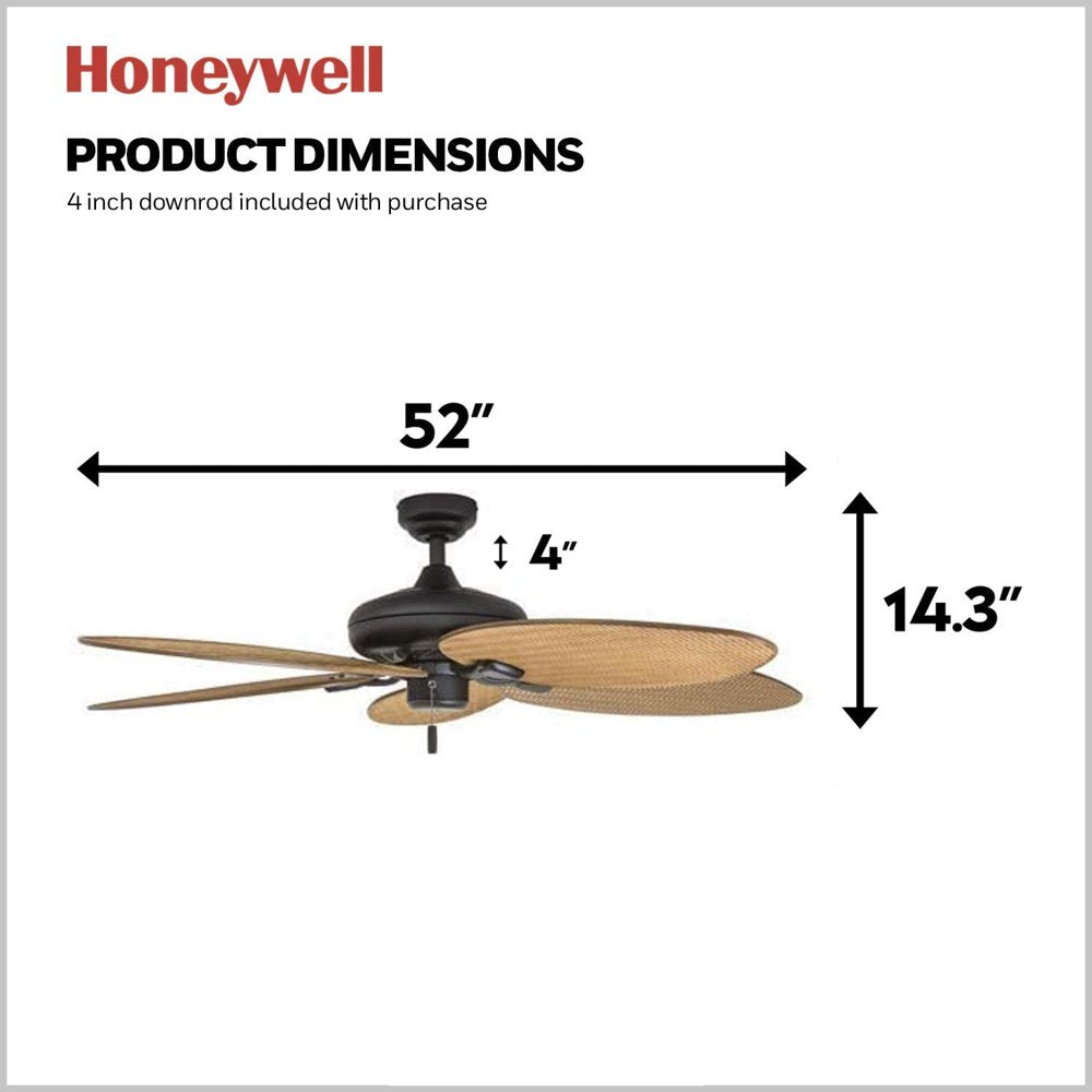 Honeywell Palm Valley 52" Bronze Tropical Ceiling Fan with 5 Palm Blades, 4 Arm Light Kit, Pull Chains & Reverse Airflow