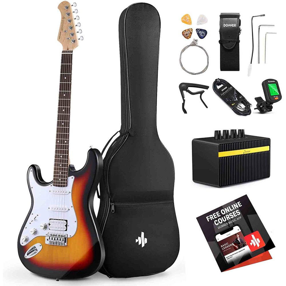  39" Electric Guitar Beginner Kit Solid Body Full Size HSS for Starter, with Amplifier, Bag, Digital Tuner, Capo, Strap, String, Cable, Picks, Black