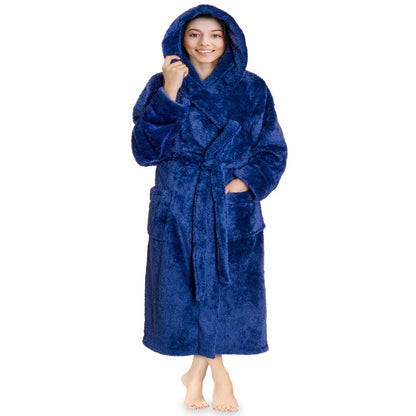 PAVILIA Women Hooded Plush Soft Robe | Fluffy Warm Fleece Sherpa Shaggy Bathrobe (S/M, Black)