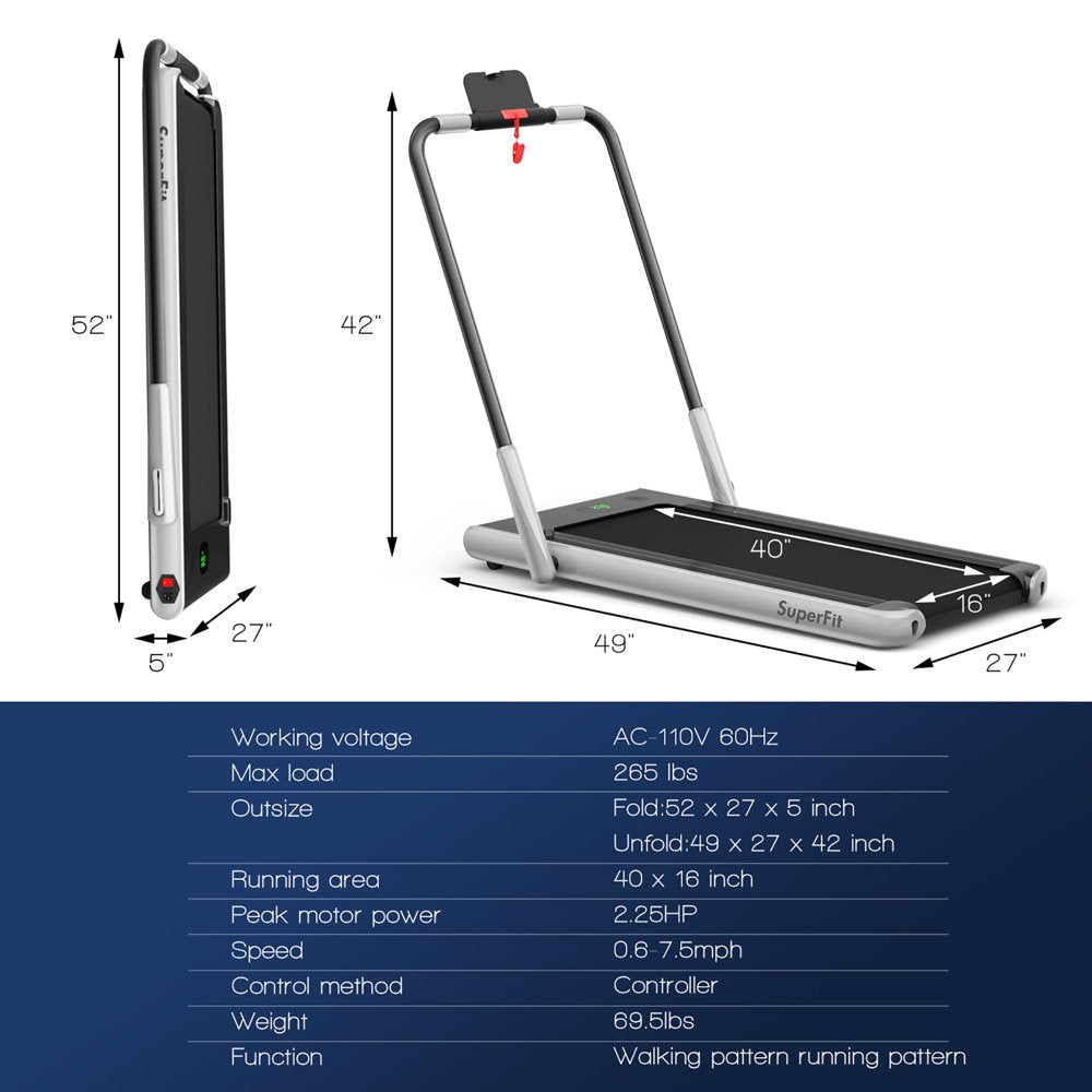 SuperFit 2.25HP 2-in-1 Folding Under Desk Treadmill W/Speaker Controller APP, Single Display Screen Silver