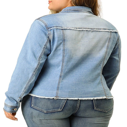  Women's Plus Size Outfits Classic Washed Front Frayed Denim Jacket