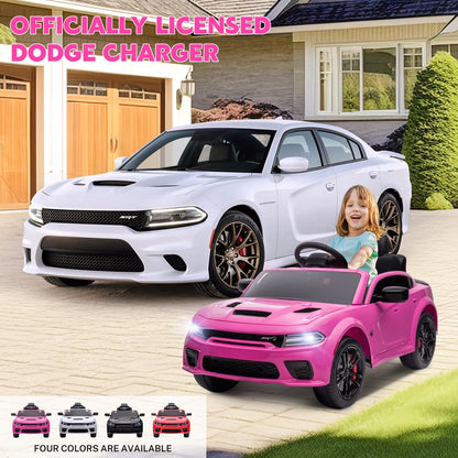 Dodge Electric Ride on Cars for Kids, 12 V Licensed Dodge Charger SRT Powered Ride On Toys Cars with Parent Remote Control, Electric Car for Girls 3-5 w/Music Player/LED Headlights/Safety Belt, Pink