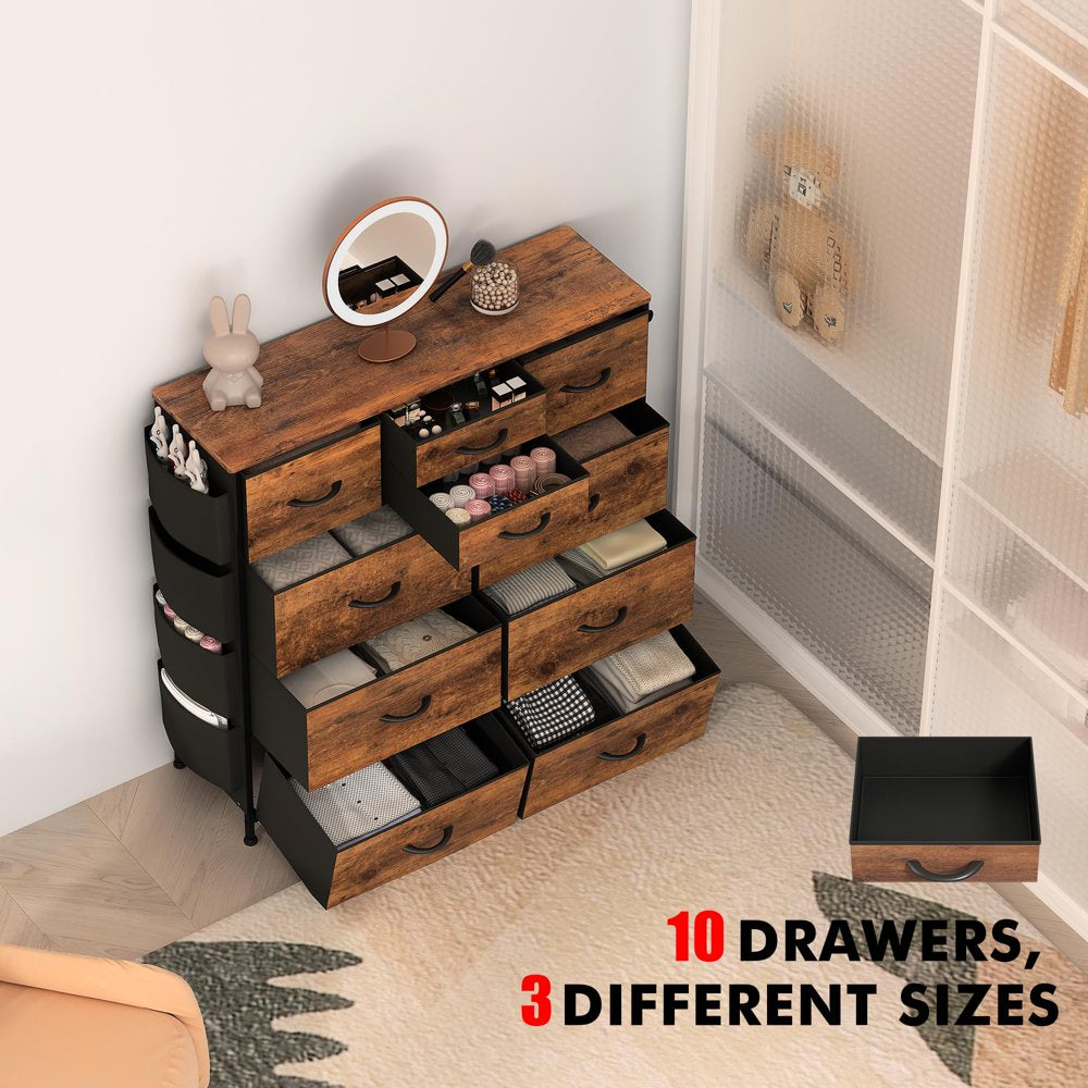  10 Drawer Dresser, Chest of Drawers for Bedroom Fabric Dressers with Side Pockets and Hooks, Brown