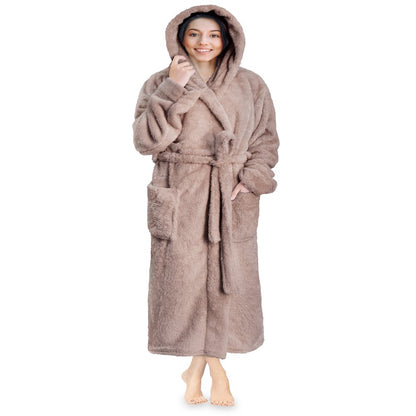 PAVILIA Women Hooded Plush Soft Robe | Fluffy Warm Fleece Sherpa Shaggy Bathrobe (S/M, Black)