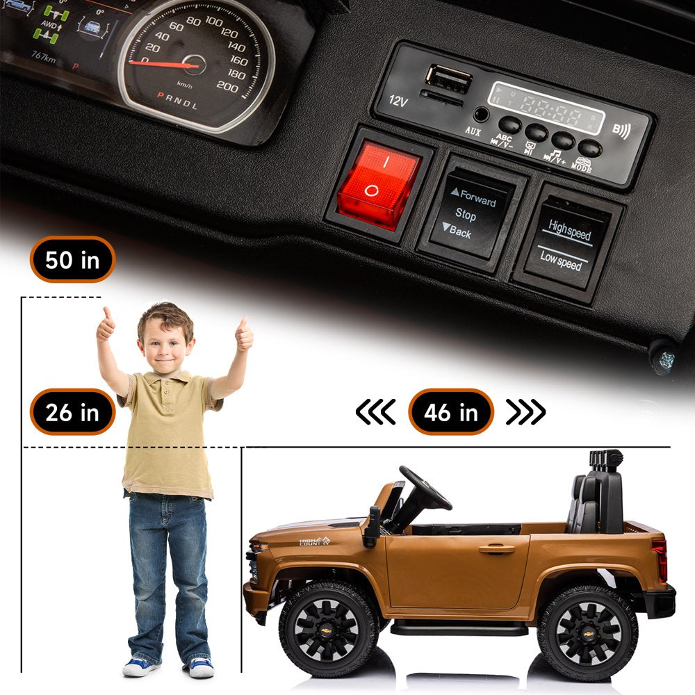 Track 7 24V Ride on Car, Licensed Silverado HD 2 Seater Electric Car for Boys Girls Age 3+, 24V Ride on Truck w/Remote Control, Music, ABC, Brown