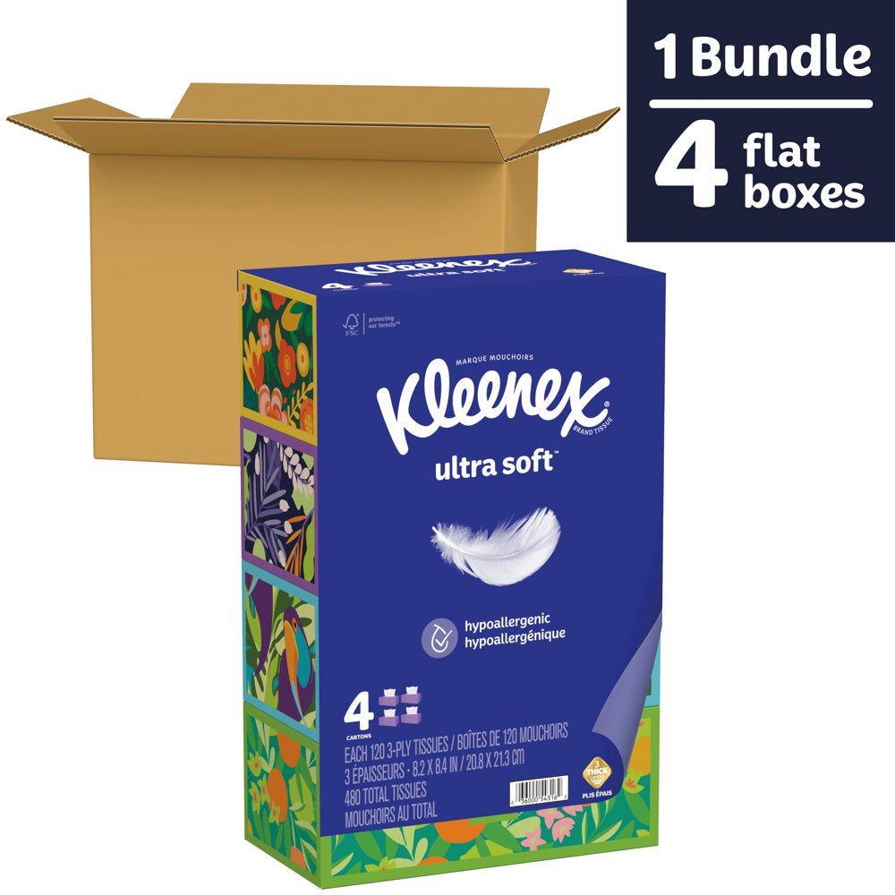 Kleenex Ultra Soft Facial Tissues, 4 Flat Boxes, 120 Tissues per Box, 3-Ply