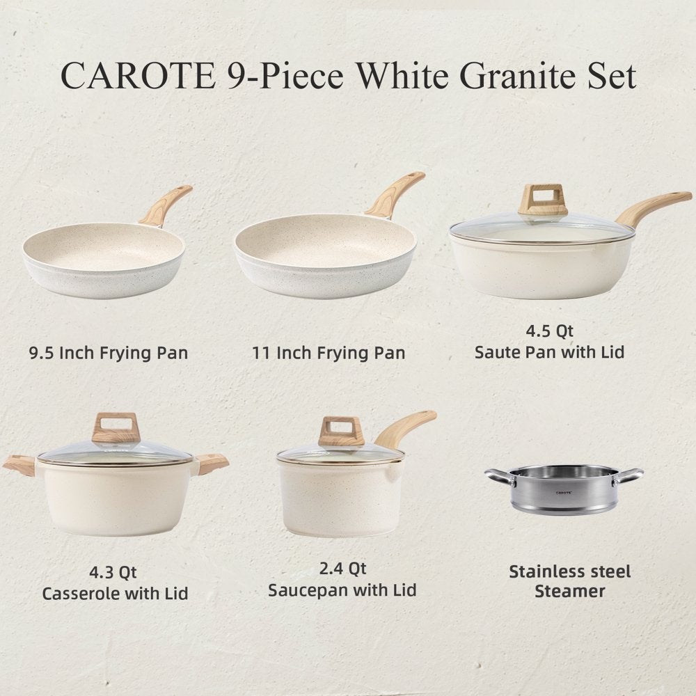 Carote Nonstick Pots and Pans Set, 10 Pcs Granite Stone Kitchen Cookware Sets (White)