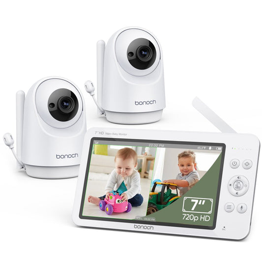 bonoch Baby Monitor with 2 Cameras 7" 720P HD LCD Split Screen Video Audio No WiFi Auto Night Vision