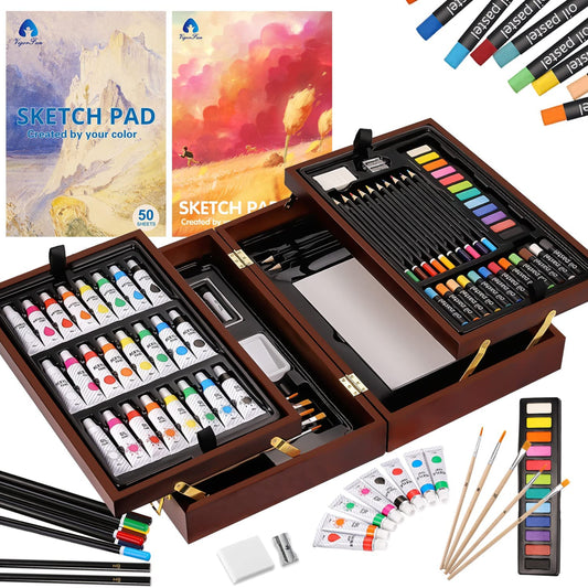  85 Piece , Vigorfun Deluxe Wooden Art Set Crafts Drawing Painting Kit with 2 Sketch Pads, Oil Pastels, Acrylic, Watercolor Paints, Creative Gifts Box for Adults Artist Kids Teens Girls