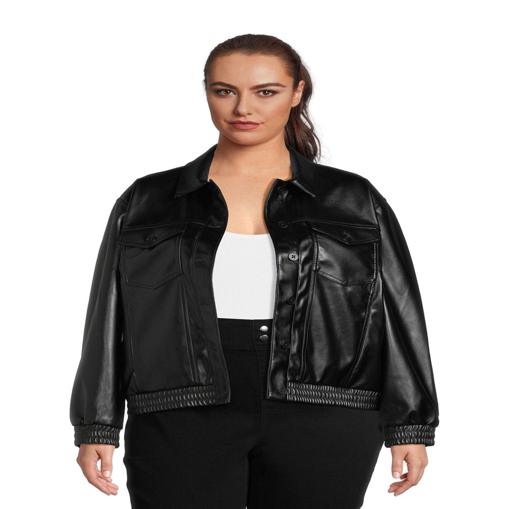  Women's Plus Size Faux Leather Trucker Jacket