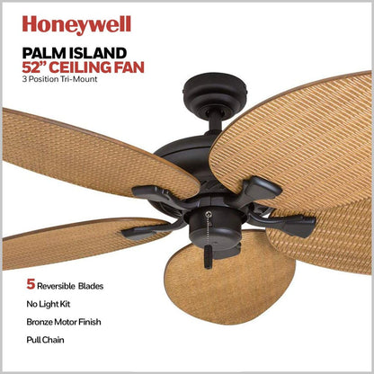 Honeywell Palm Valley 52" Bronze Tropical Ceiling Fan with 5 Palm Blades, 4 Arm Light Kit, Pull Chains & Reverse Airflow