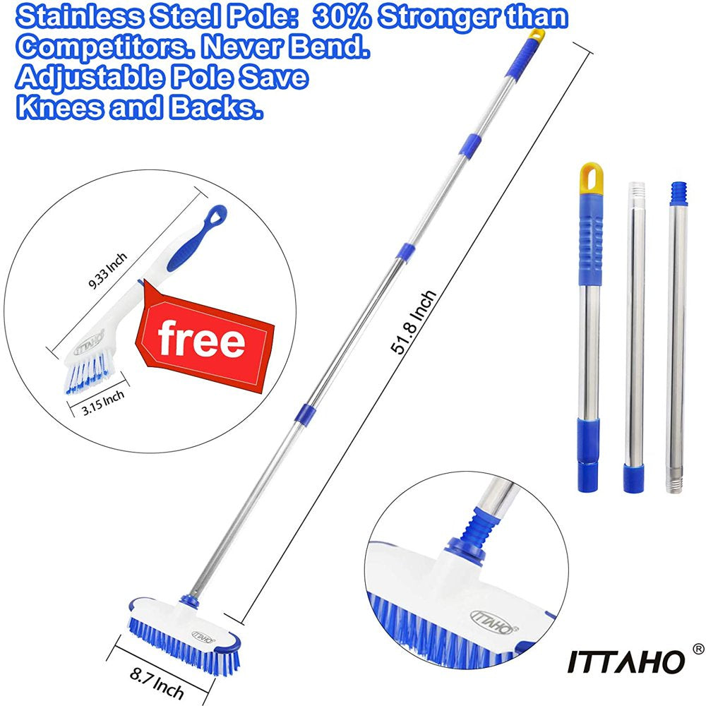 ITTAHO Floor Scrub Brush with Long Stainless Steel Handle Extension+Small Deep Cleaning Brush