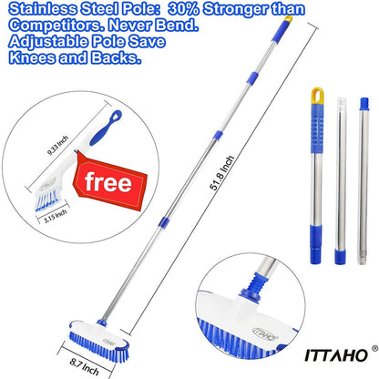 ITTAHO Floor Scrub Brush with Long Stainless Steel Handle Extension+Small Deep Cleaning Brush