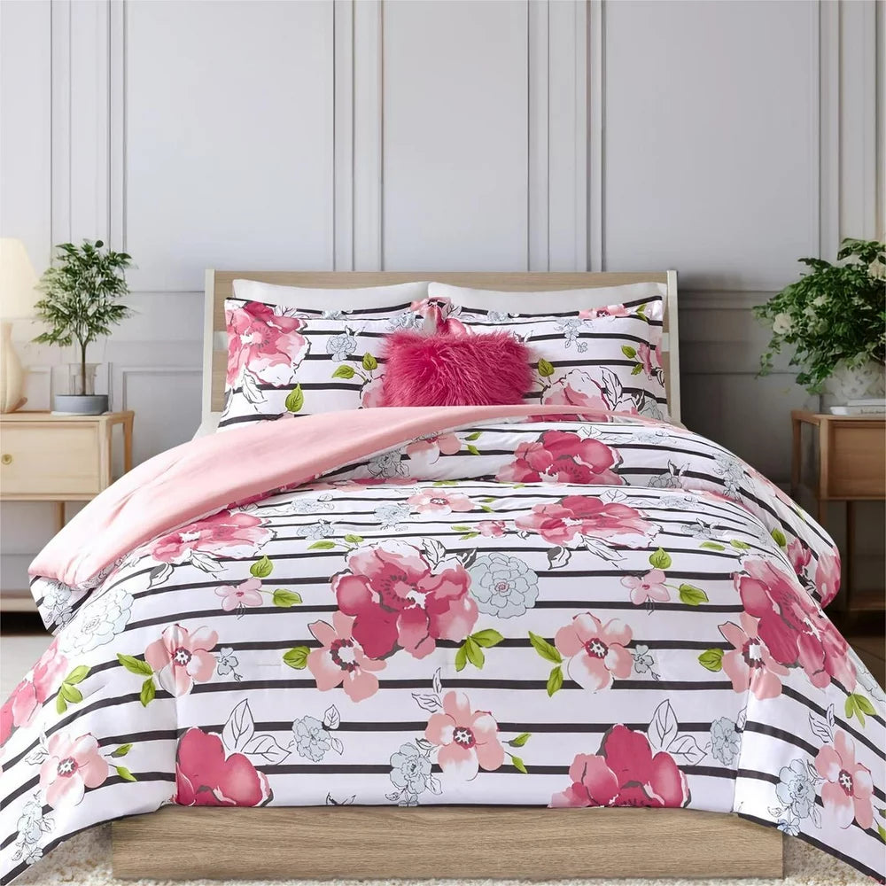 Comfort Spaces Spring 4-Piece Full/Queen Comforter Set Microfiber Pink Striped Floral Reversible Bedding