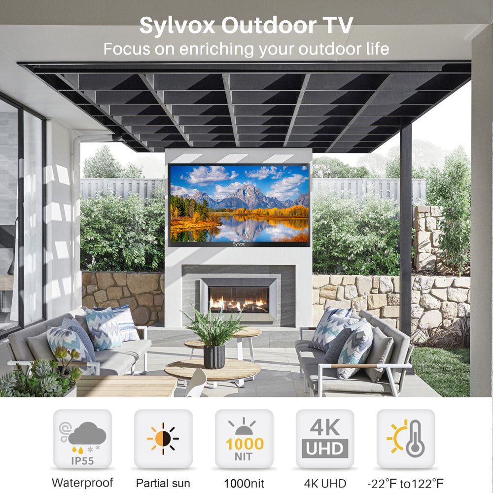 Sylvox 55 inch Outdoor TV Partial Sun 1000 Nits 4K LED Waterproof TV Anti Glare Outdoor Smart TV (Deck Series)