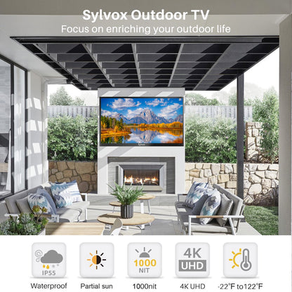 Sylvox 55 inch Outdoor TV Partial Sun 1000 Nits 4K LED Waterproof TV Anti Glare Outdoor Smart TV (Deck Series)