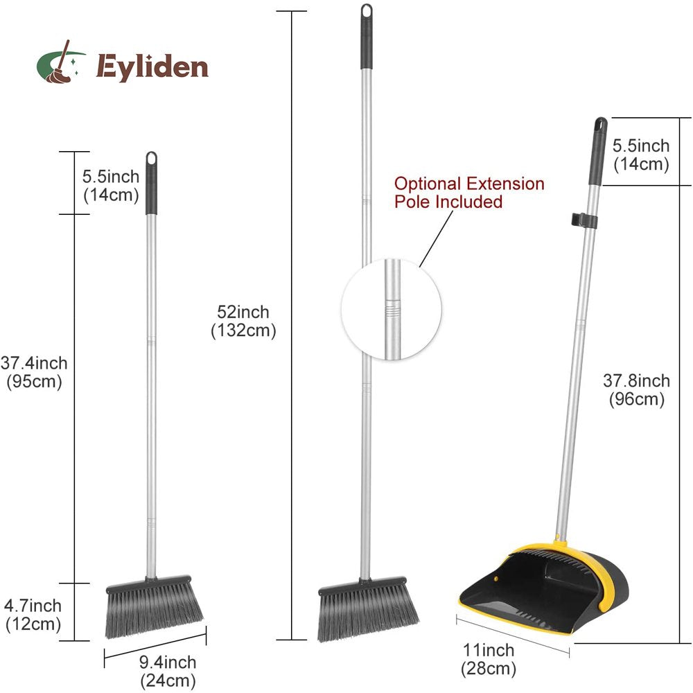 Eyliden Broom Plastic Dust Pan Set Bristles Light Weight 52" Broom Dark Grey