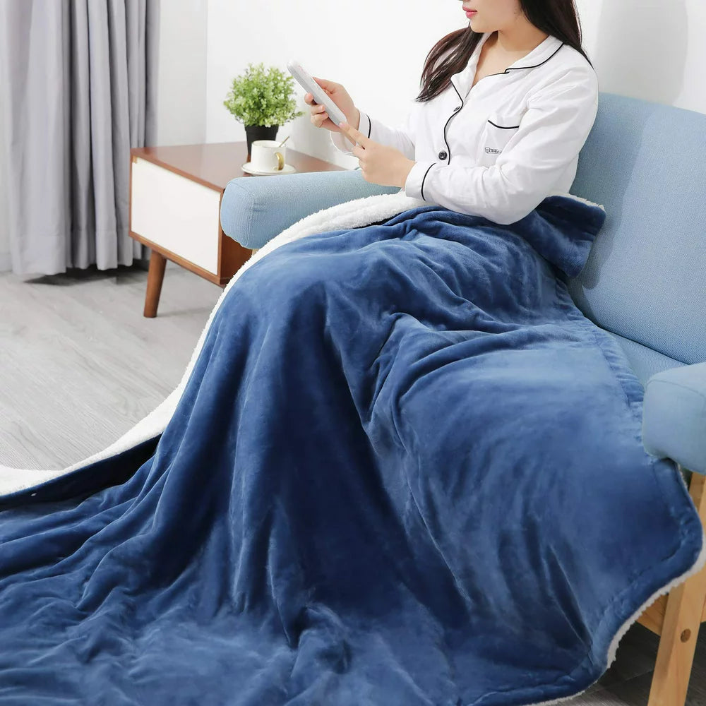 MaxKare Electric Throw Blanket 50"x60" Flannel & Sherpa Heated Blanket with 6 Heating Levels, 5 Hours Timer, Machine Washable - Blue