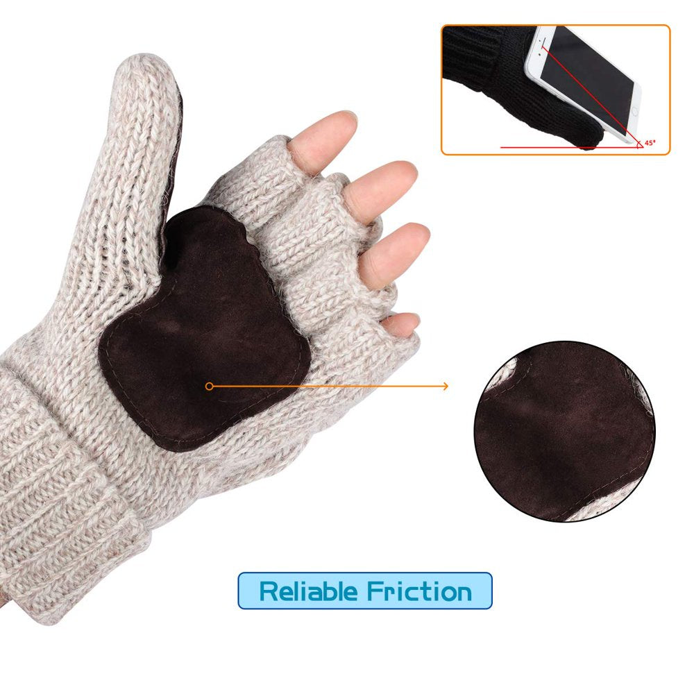 COOPLUS Mittens Winter Fingerless Gloves Warm Wool Knitted Gloves Convertible Gloves for Men and Women