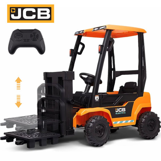 Licensed JCB 12V Powered Ride on Car to Forklift, Toddler Ride on Toy with Lifting Pallet, Remote Control, Trunk, 4 Wheels Electric Construction Vehicle for Kids 3-8 Years Old, Yellow