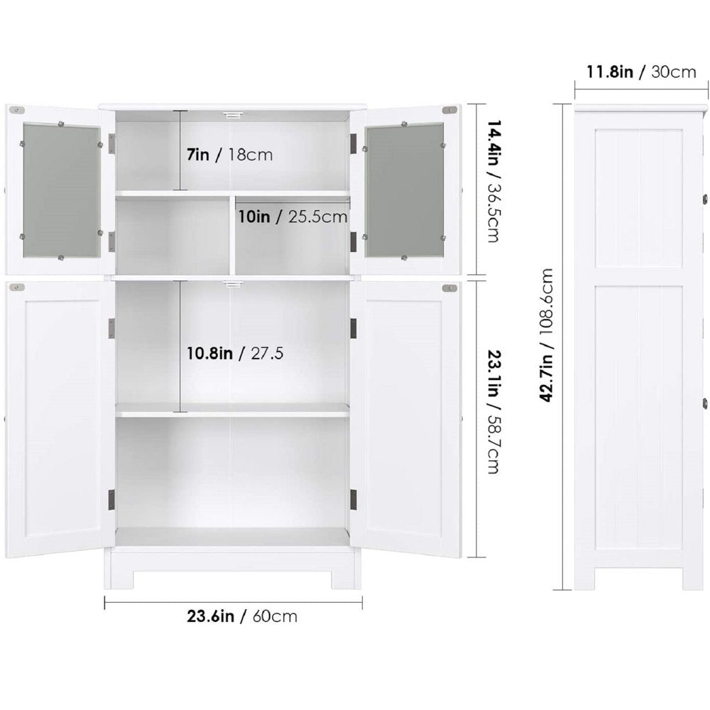 Bathroom Storage Cabinet, Floor White Wooden Linen Cabinet with Shelves and Doors, Kitchen Cupboard