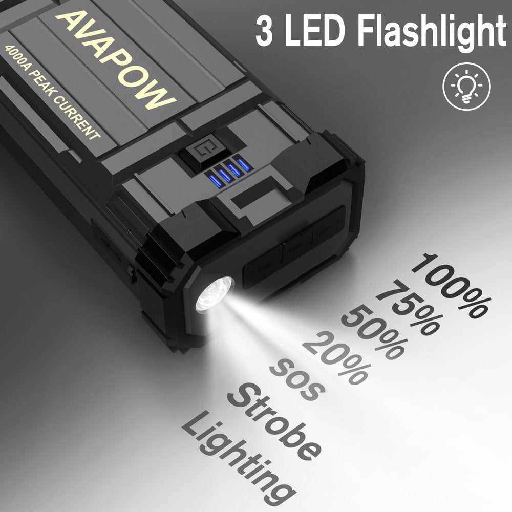 AVAPOW Car Jump Starter, 4000A Peak 27800mAh Battery Jump Starter (for All Gas or Up to 10L Diesel), Battery Booster Power Pack, 12V Auto Jump Box with LED Light, USB Quick Charge 3.0